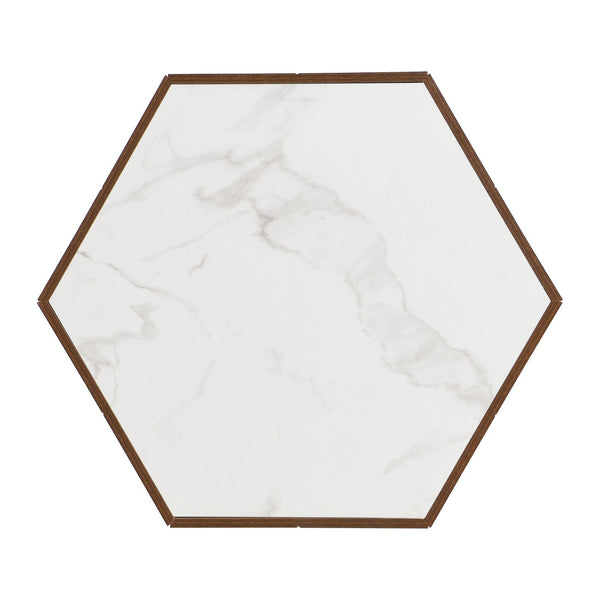 English Elm Christopher Knight Home® - Hexagonal Rustic Retro Wood Coffee Table with 2 Hidden Drawers, Textured Marble Tops, Oak Finish White+Walnut N770P309823W