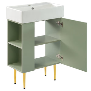 English Elm 21.6" Green Bathroom Vanity with Ceramic Sink, Left Side Storage, Gold Legs, Soft-Close, Modern Finish SV000007AAF