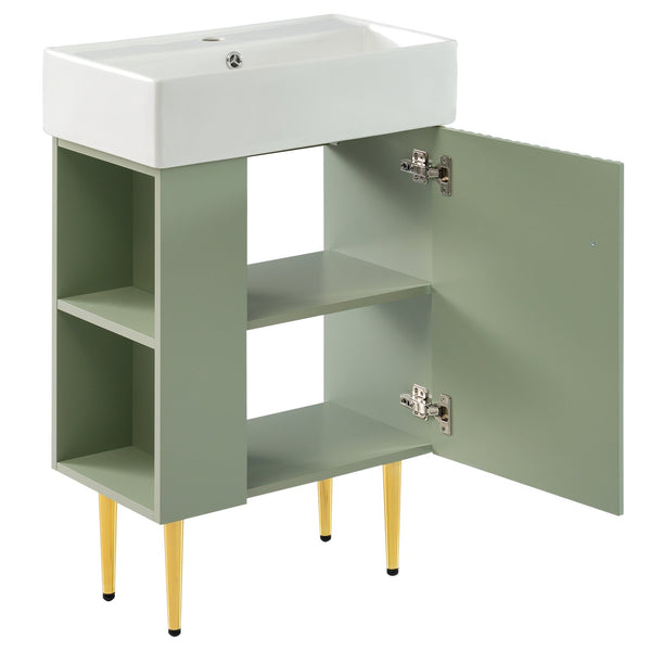 English Elm 21.6" Green Bathroom Vanity with Ceramic Sink, Left Side Storage, Gold Legs, Soft-Close, Modern Finish SV000007AAF
