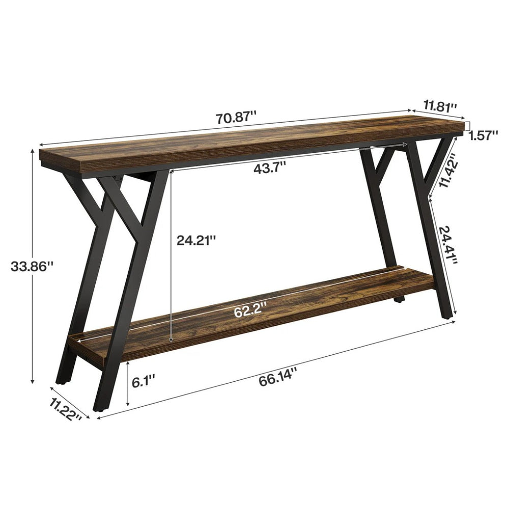 English Elm 2-tier Industrial Console Table Rustic Wood and Black Metal Frame Entryway Sofa T3971P463573