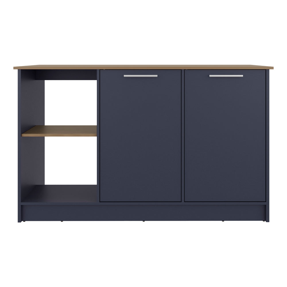 English Elm Juniper Multicolor Kitchen Island with 59" Deep Worktop, Double-Door Cabinet & Open Shelves, Modern Finish B070S00392