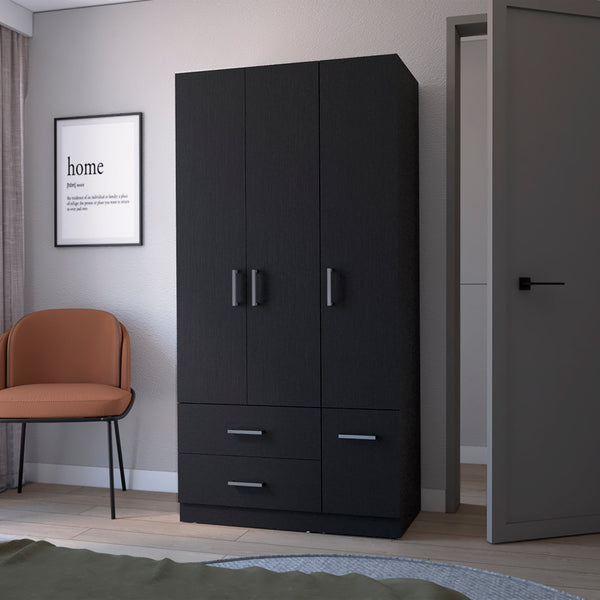 English Elm Four Door Armoire Crosby Black - Spacious Engineered Wood Wardrobe with Rod, Shelves & Drawers, Durable Design B092S00264