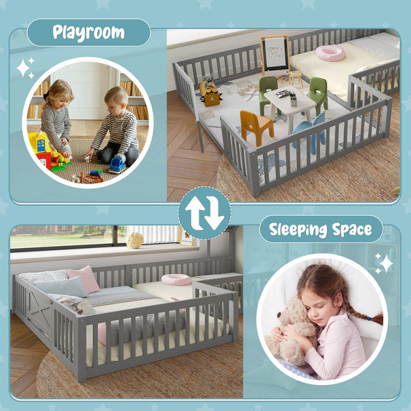 English Elm Full House Floor Bed with Door and Guardrails for Kids, Solid Wood Double Full, Safe Play Nook Grey W1580P354640