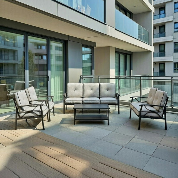 English Elm 5-piece Outdoor Conversation Set Steel Frame Patio Sofa Loveseat Chairs Table Grey+Black B082S00132