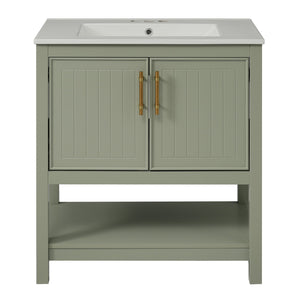 English Elm 30-Inch Green Bathroom Vanity With Ceramic Sink, Elegant Design, Smart Storage For Small Spaces WF325888AAF