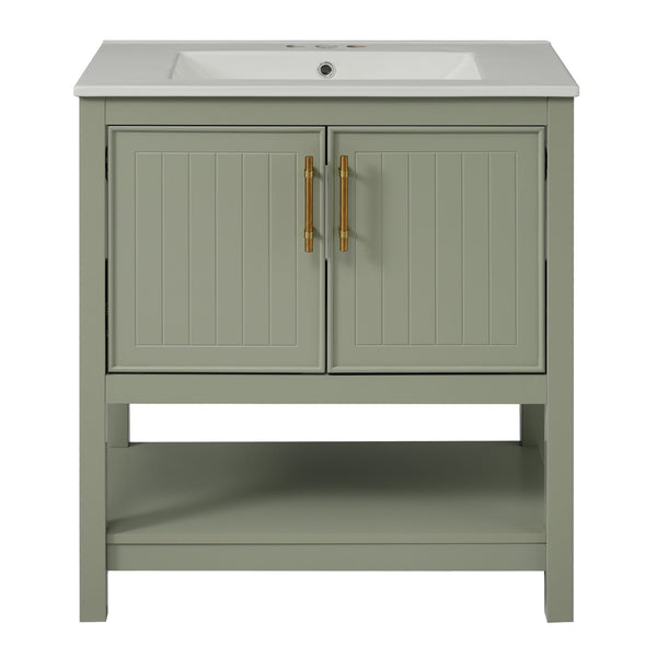 English Elm 30-Inch Green Bathroom Vanity With Ceramic Sink, Elegant Design, Smart Storage For Small Spaces WF325888AAF