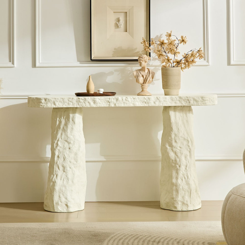 English Elm 53.94 Inch Sculptural Fiberglass Console Table with Stone Look Pillar Legs for Entryway W2582S00199