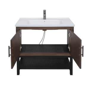 English Elm 36" Freestanding Bathroom Vanity with White Ceramic Sink, Adjustable Feet, Metal Hinges, Shelf Walnut W688P224383