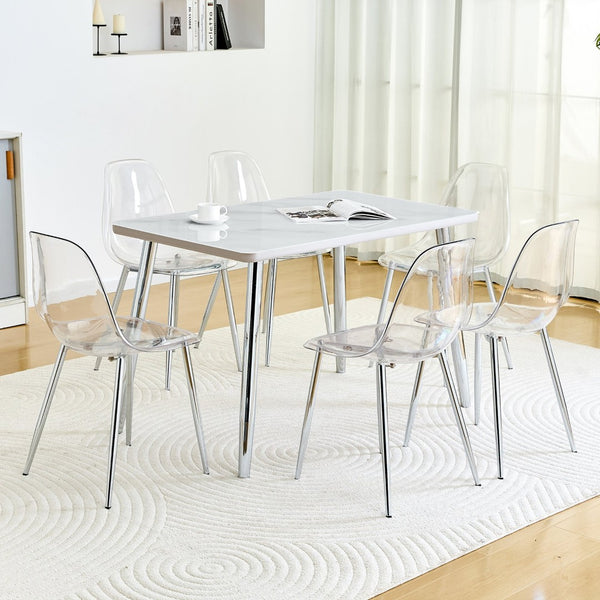 English Elm Table and Chair Set Marble Glass Top Six Ghost Seats Silver Legs Modern Dining W1151S04644
