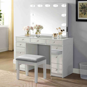 English Elm Contemporary Glam Vanity with Rhinestone Trim and Tempered Glass Top, High Gloss Finish, Illuminated Appeal Gray,White 26 L x 21 W x 32 H B2741S00685