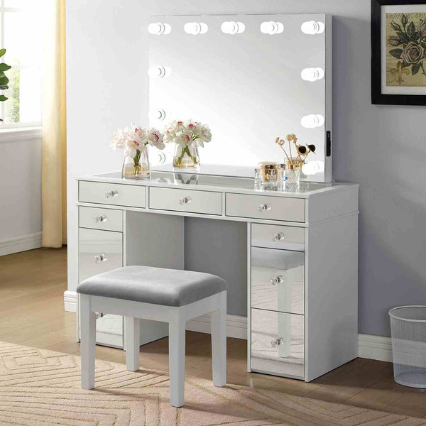 English Elm Contemporary Glam Vanity with Rhinestone Trim and Tempered Glass Top, High Gloss Finish, Illuminated Appeal Gray,White 26 L x 21 W x 32 H B2741S00685