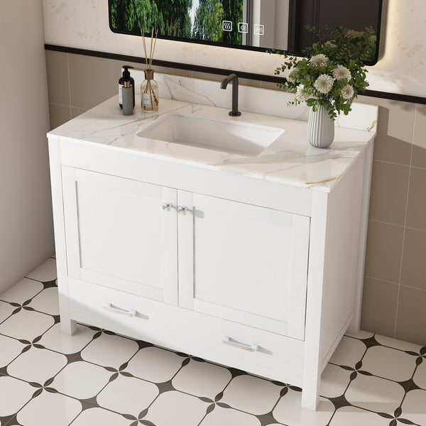 English Elm Modern 43" Bathroom Vanity With Artificial Marble Finish, Solid Wood Frame & Practical Storage Solutions W509S00140