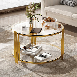 English Elm Modern Glass Coffee Table 31.5" – Asymmetrical Gold Metal Drum Base, Tempered Clear Top & Lower Shelf N735P177478K