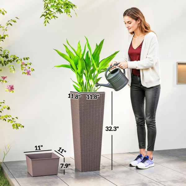 English Elm Flower Column Planters Set of 2 Tall Rattan Look Uv Resistant Outdoor Patio Pots T3971P467422