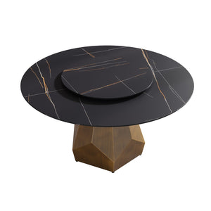 English Elm 59.05" Round Sintered Stone Dining Table Seats Eight with Brass Base and Turntable W1535S00566
