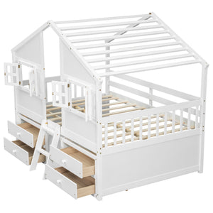 English Elm Full Size House Loft Bed With Roof & Windows, 4 Storage Drawers, Pine Wood, Safe Guardrails & Ladder W504S00242