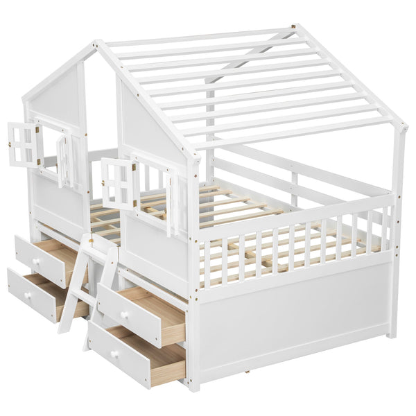 English Elm Full Size House Loft Bed With Roof & Windows, 4 Storage Drawers, Pine Wood, Safe Guardrails & Ladder W504S00242