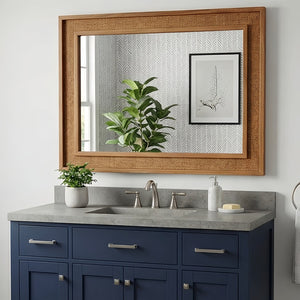 English Elm Natural Rattan Wrapped Solid Wood Rectangular Mirror Handcrafted Farmhouse Bathroom Entryway Yellowish-Brown W2203P436619
