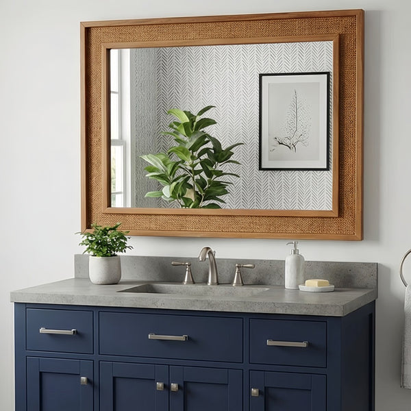 English Elm Natural Rattan Wrapped Solid Wood Rectangular Mirror Handcrafted Farmhouse Bathroom Entryway Yellowish-Brown W2203P436619