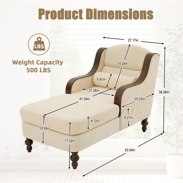 English Elm UNITED Oversized Chaise Lounge Sofa Bed with Solid Wood Arms, High-Resilience Foam, 800lb Capacity and Storage Pockets Beige W1568S00212