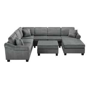English Elm Sectional Plush chenille U-shaped sofa with pleated arms, pocket-spring seats & hidden ottoman storage Dark Gray N719S000810R
