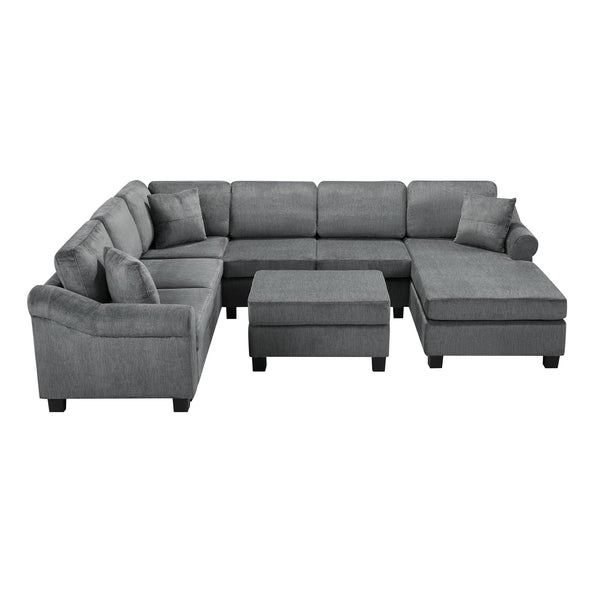 English Elm Sectional Plush chenille U-shaped sofa with pleated arms, pocket-spring seats & hidden ottoman storage Dark Gray N719S000810R