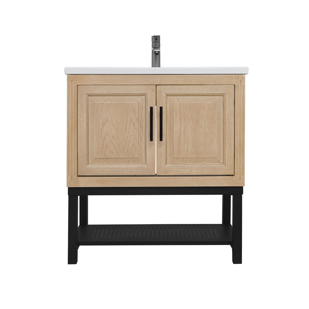 English Elm 32" Modern Bathroom Vanity with White Ceramic Seamless Sink, Textured Aluminum Faucet, Durable Hinges and Open Iron Shelf for Stylish Storage Natural W688P224389