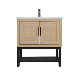 English Elm 32" Modern Bathroom Vanity with White Ceramic Seamless Sink, Textured Aluminum Faucet, Durable Hinges and Open Iron Shelf for Stylish Storage Natural W688P224389