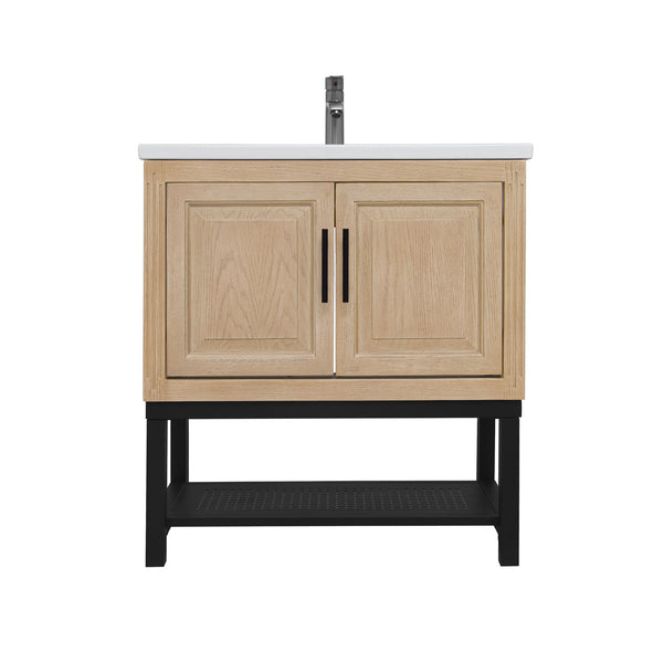 English Elm 32" Modern Bathroom Vanity with White Ceramic Seamless Sink, Textured Aluminum Faucet, Durable Hinges and Open Iron Shelf for Stylish Storage Natural W688P224389