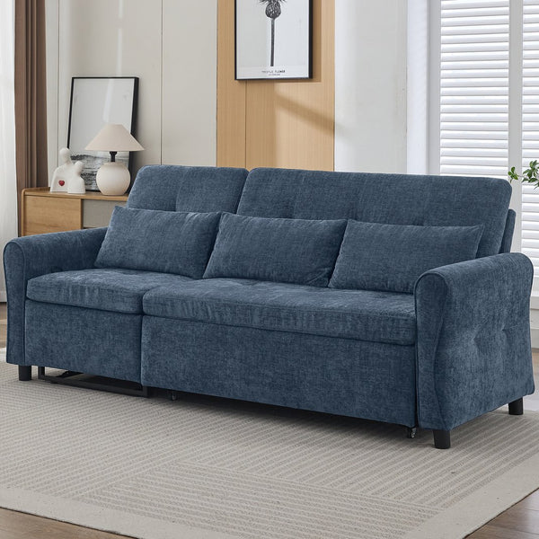 English Elm 2-in-1 Sofa Pull-Out Sleeper with Reversible Recliner, USB Ports, Tufted Curved Arms, 82" Comfort Blue N719S002010C
