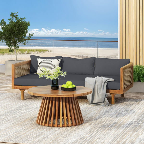 English Elm Christopher Knight Home® - Wicker Outdoor Patio Daybed and Coffee Table Set — All-Weather Acacia Frame, Water-Resistant Cushions DARK GREY,Teak N770P234486F_N770P205570A