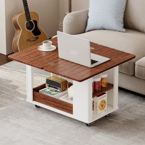 English Elm 27.6'' Modern Multi-Function Coffee Table with Foldable Top, Casters, Multi-Tier Storage & Drawer Walnut,White N735P328521D