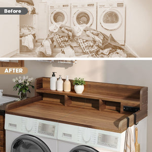 English Elm 2-tier Walnut Laundry Topper with Built-in Power Outlet Folding Surface and Storage W2641P446839