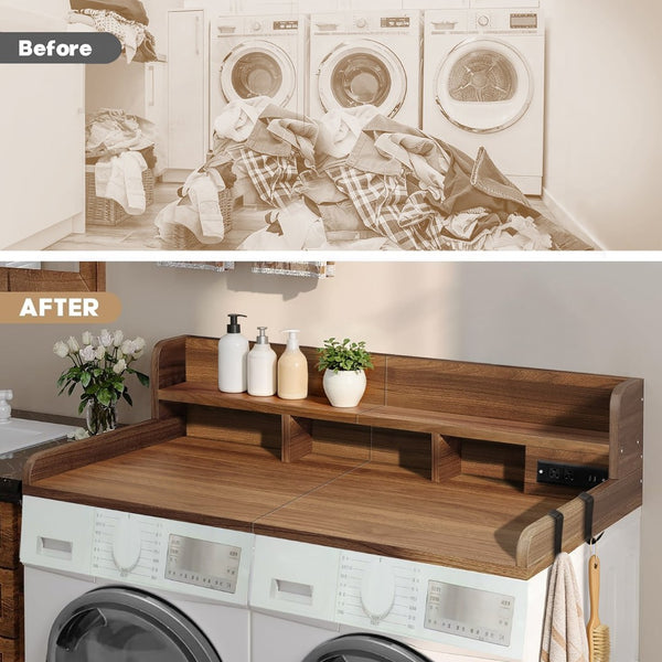 English Elm 2-tier Walnut Laundry Topper with Built-in Power Outlet Folding Surface and Storage W2641P446839