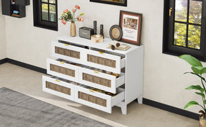 English Elm Rustic Farmhouse Wooden Dresser with 6 Drawers and Metal Handles — Spacious Storage, Stylish Bedroom Accent White 52.17 L x 18.5 W x 11.81 H WF530908AAK
