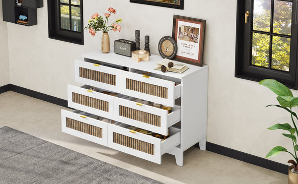 English Elm Rustic Farmhouse Wooden Dresser with 6 Drawers and Metal Handles — Spacious Storage, Stylish Bedroom Accent White 52.17 L x 18.5 W x 11.81 H WF530908AAK