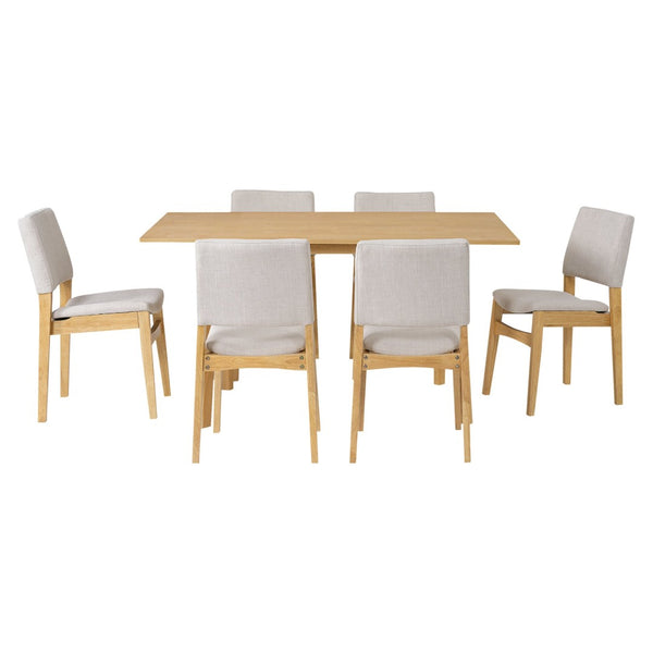 English Elm 7-piece Rectangular Rubberwood Dining Set with Six Linen Upholstered Stackable Chairs Natural N752S000018N