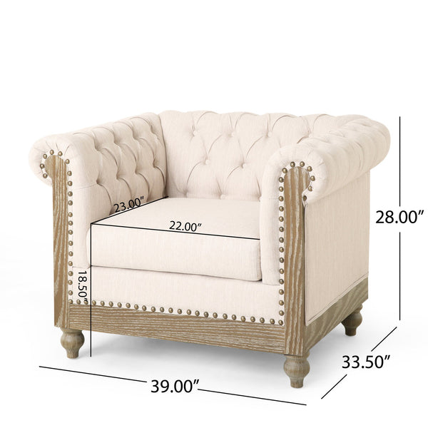 English Elm Christopher Knight Home® - CLUB Club Chair Chesterfield-Inspired Tufted PU Upholstery with Nailhead Trim, Scrolled Arms, Turned Legs Beige 39.25 L x 34.25 W x 25 H 72069.00FBGE