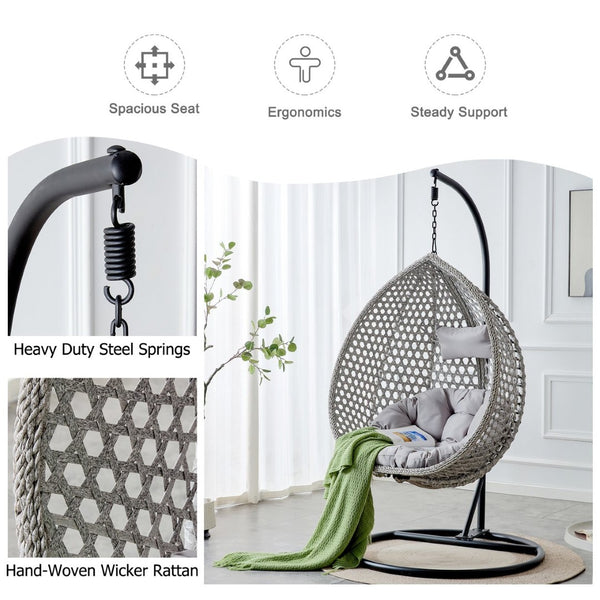 English Elm 76.8-inch Hand Woven Rattan Egg Swing Chair Indoor Outdoor with Cushion Lumbar Pillow Gray W1512P498595