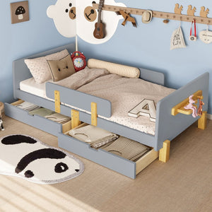 English Elm Twin Low Profile Kids Floor Bed Pine Wood Frame with Safety Rail and Built in Bookshelf Gray W1580P373243