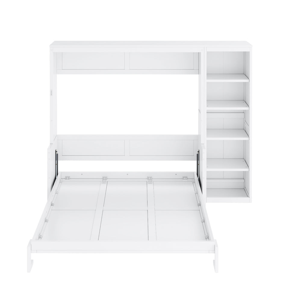 English Elm Full Murphy Bed with Storage Cabinets and Shelves, Space-Saving Wooden Wall Bed with 600lb Capacity White N7090004015K