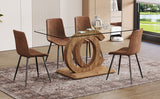 English Elm 1 Table and 4 Chairs Set.63"X35.4X30" Rectangular Transprant Tempered Glass Dining Tabletop With Wood Color Mdf Oc Shaped Bracket.Paired With 4 Brown Technology Fabric Dining Chairs.