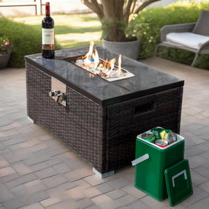 English Elm 32" Propane Fire Pit Table 50000 BTU Rectangular Ceramic Tile Top Wicker Base Pulse Ignition Outdoor W85335465