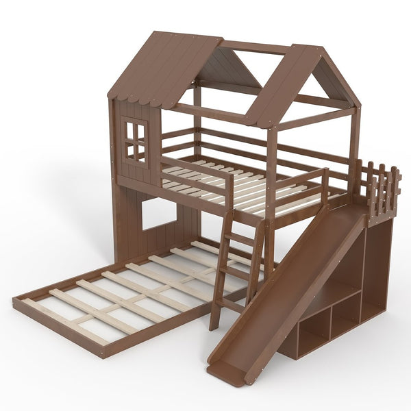 English Elm Twin Over Full Playhouse Bunk Bed with Slide Ladder Storage Shelves and Wardrobe Antique Natural W5305S00041