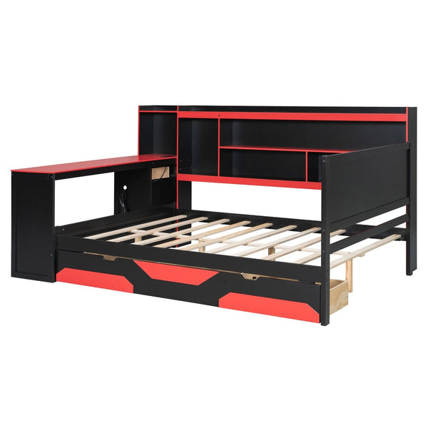 English Elm Full Size Gaming Bed Frame with Desk Led Lights Storage Drawers and Charging Station Black+Red LP000289AAJ