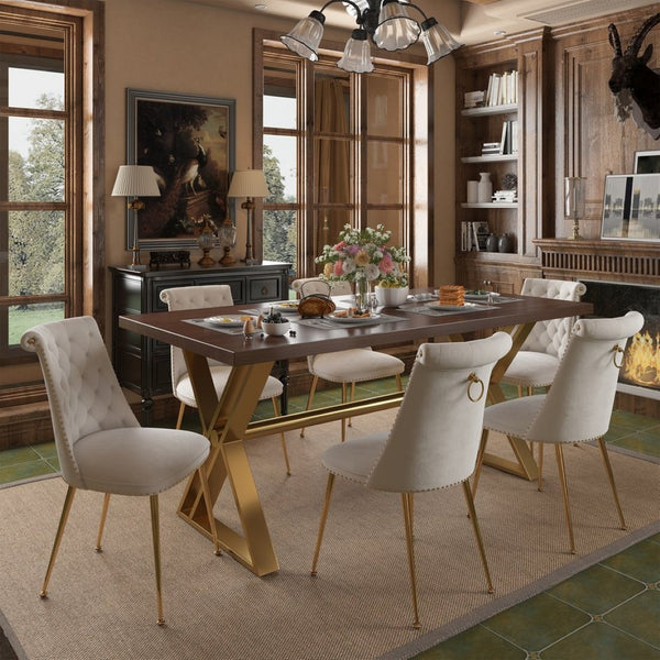 English Elm 70.8 Inch Walnut Top Dining Table with Brushed Gold Steel Base Seats Six T3609S00001
