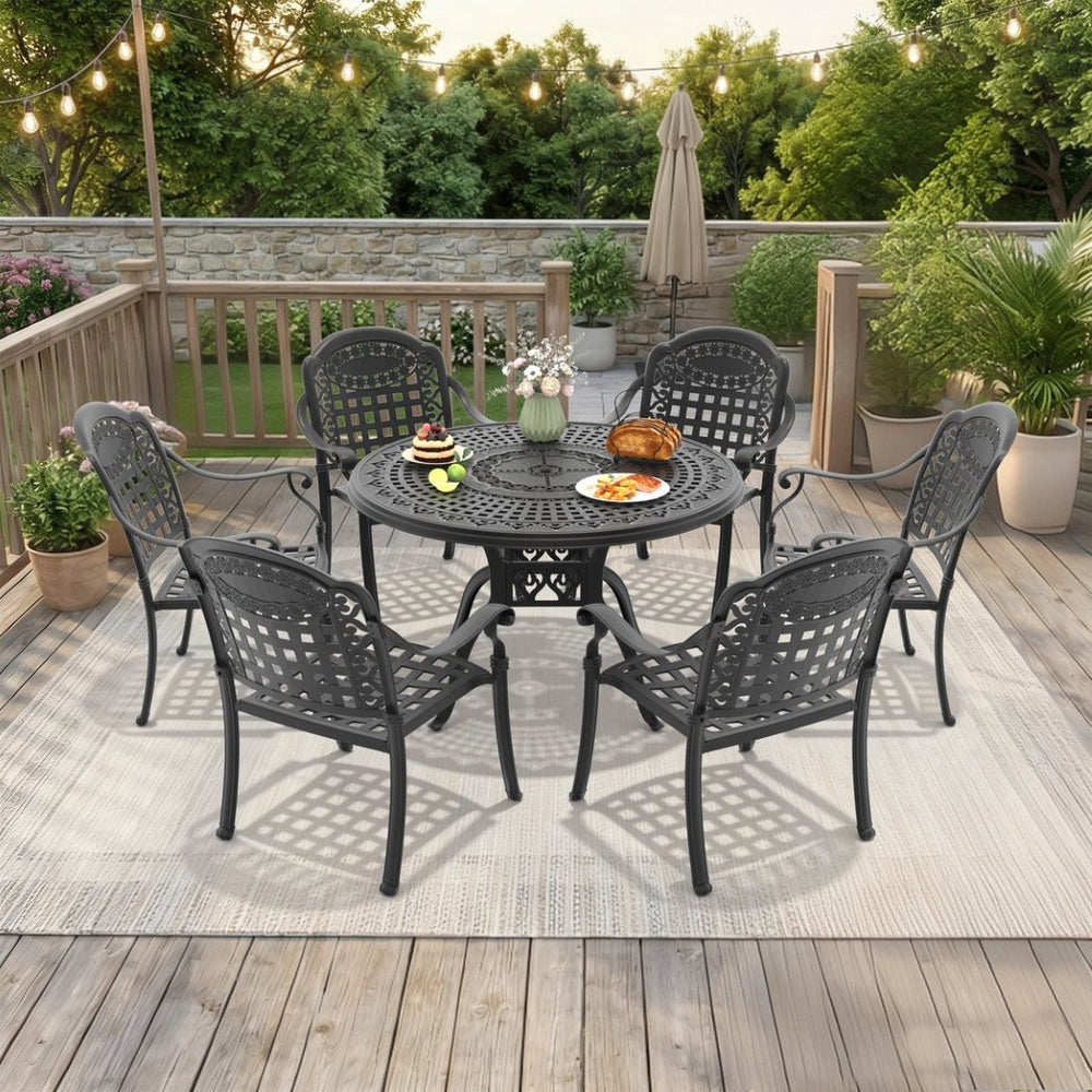 English Elm 7-piece Cast Aluminum Outdoor Dining Set Ornate Carved Patio Furniture Seats Six W1710S00566