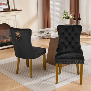 English Elm Mid-Century Tufted Velvet Dining Chair with Lion Head Ring, Nailhead Trim, Solid Wood Legs Black W1143P193168