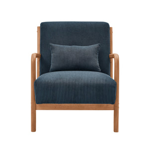 English Elm Wooden Lounge Chair with Scandinavian Solid Wood Frame, Plush Ribbed Corduroy Upholstery & Lumbar Support Blue B343P328597
