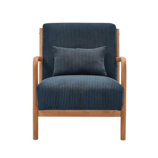 English Elm Wooden Lounge Chair with Scandinavian Solid Wood Frame, Plush Ribbed Corduroy Upholstery & Lumbar Support Blue B343P328597